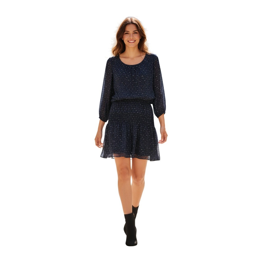JOIE 100% Silk Blue Bird Print Smocked Waist‎ Mini Dress Long Sleeve S NWOT $298